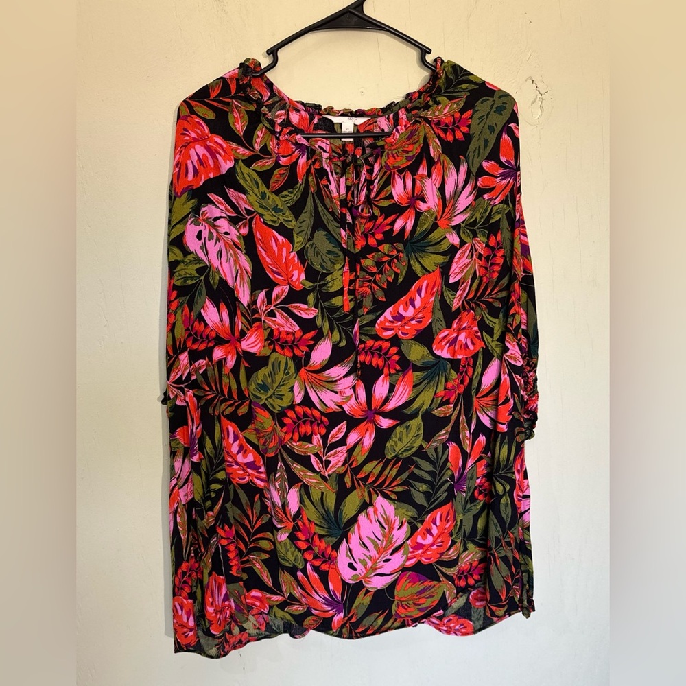 Terra & Sky tropical print bright summer vacation tie neck blouse size 1x